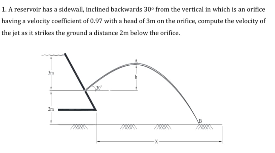 1. A reservoir has a sidewall, inclined backwards 30° from the vertical in which is an orifice
having a velocity coefficient of 0.97 with a head of 3m on the orifice, compute the velocity of
the jet as it strikes the ground a distance 2m below the orifice.
3m
h
\30°
2m
\B
-X-
