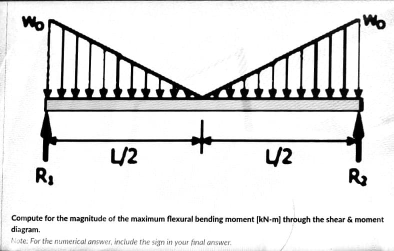 Wo
/2
4/2
R1
R2
Compute for the magnitude of the maximum flexural bending moment [kN-m] through the shear & moment
diagram.
Note: For the numerical answer, include the sign in your final answer.
