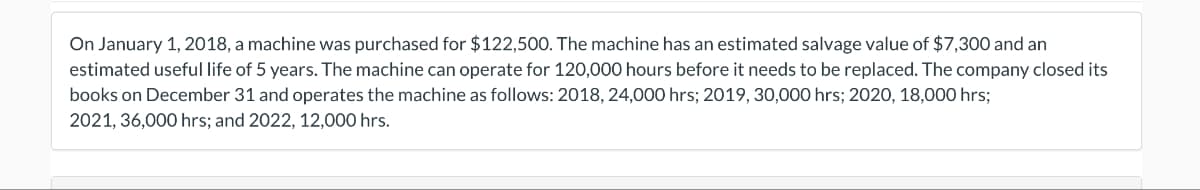 On January 1, 2018, a machine was purchased for $122,500. The machine has an estimated salvage value of $7,300 and an
estimated useful life of 5 years. The machine can operate for 120,000 hours before it needs to be replaced. The company closed its
books on December 31 and operates the machine as follows: 2018, 24,000 hrs; 2019, 30,000 hrs; 2020, 18,000 hrs;
2021, 36,000 hrs; and 2022, 12,000 hrs.