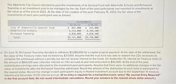 The Albertville City Council decided to pool the investments of its General Fund with Albertville Schools and Richwood
Township in an investment pool to be managed by the city. Each of the pool participants had reported its investments at
fair value as of the end of 2022. At the date of the creation of the pool, February 15, 2023, the fair value of the
investments of each pool participant was as follows:
City of Albertville General Fund
Albertville Schools
Richwood Township
Total
Investments
12/31/22
$ 897,000
4,214,000
4,030,000
$9,141,000
2/15/23
$935,000
4,394,500
4,020,500
$9,350,000
d. On June 15, Richwood Township decided to withdraw $3,080,000 for a capital projects payment. At the date of the withdrawal, the
fair value of the Treasury notes had increased by $37,000. Assume that the trust fund was able to redeem the CDs necessary to
complete the withdrawal without a penalty but did not receive interest on the funds. On September 15, interest on Treasury notes in
the amount of $64,000 was collected. Interest on CDs accrued at year-end amounted to $42,000. At the end of the year,
undistributed earnings were allocated to the investment pool participants. Assume that there were no additional changes in the fair
value of investments after the Richwood Township withdrawal. Round the amount of the distribution to each fund or participant to
the nearest dollar. Record the change in each participant's Equity in Pooled Investment account due to the September 15 treasury
interest and December 31 CD interest accrual. (If no entry is required for a transaction/event, select "No Journal Entry Required"
in the first account field. Do not round intermediate calculations. Round your answers to the nearest whole dollar amount.)