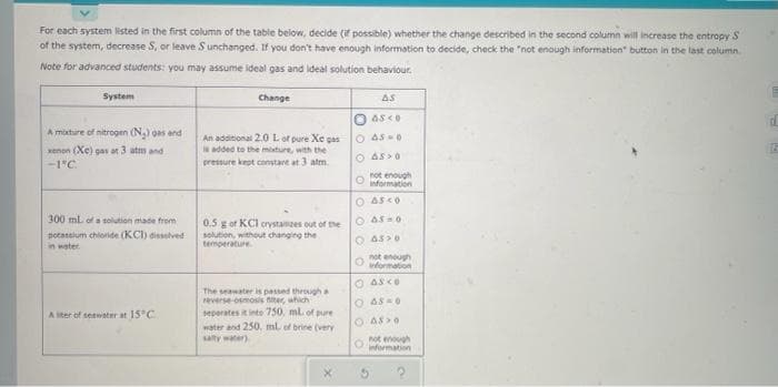 For each system isted in the first column of the table below, decide (if possible) whether the change described in the second column will increase the entropy S
of the system, decrease S, or leave Sunchanged. If you don't have enough information to decide, check the "not enough information" button in the last column
Note for advanced students: you may assume ideal gas and ldeal solution behaviour.
System
Change
AS
AS<0
A mixture of nitrogen (N) oas and
O 4S0
An additional 2.0 Lof pure Xe gas
s added to the misture, with the
pressure kept constart at 3 atm.
xenon (Xe) gas at 3 atm and
O AS>0
-1"C.
not enough
information
O As<o
300 ml of a solution made from
potassium chloride (KCl) disselved
0.5 g of KCI orystanzes out of the
solution, without changing the
temperature
O AS=0
in water
not enough
nformation
O ASKe
The seawater is passed through a
everse omosis niter, which
seperates it inte 750, ml. of pure
water and 250, ml of brine (very
O AS0
A iter of seawater at 15 C
O AS>0
salty water)
not enough
Ormation
