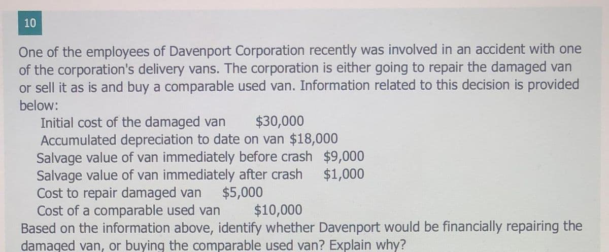 10
One of the employees of Davenport Corporation recently was involved in an accident with one
of the corporation's delivery vans. The corporation is either going to repair the damaged van
or sell it as is and buy a comparable used van. Information related to this decision is provided
below:
$30,000
Initial cost of the damaged van
Accumulated depreciation to date on van $18,000
Salvage value of van immediately before crash $9,000
Salvage value of van immediately after crash
Cost to repair damaged van
Cost of a comparable used van
Based on the information above, identify whether Davenport would be financially repairing the
damaged van, or buying the comparable used van? Explain why?
$1,000
$5,000
$10,000
