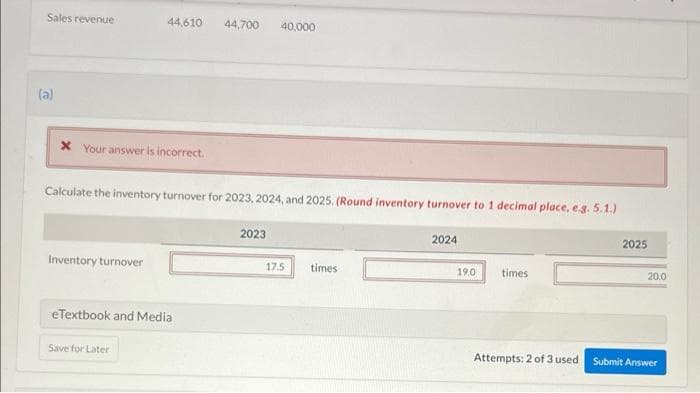 Sales revenue
(a)
* Your answer is incorrect.
44,610 44,700 40,000
Calculate the inventory turnover for 2023, 2024, and 2025. (Round inventory turnover to 1 decimal place, e.g. 5.1.)
Inventory turnover
eTextbook and Media
Save for Later
2023
17.5 times
2024
19.0
times
Attempts: 2 of 3 used
2025
20.0
Submit Answer