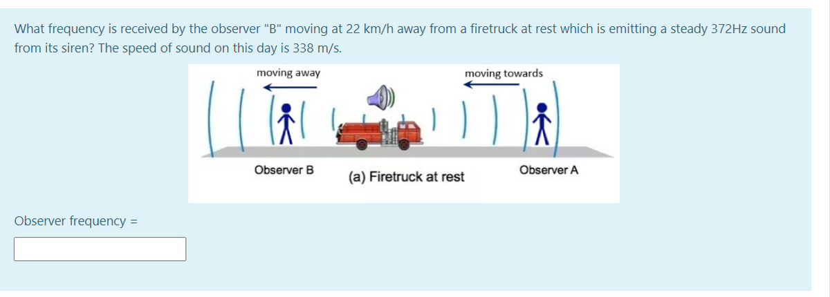 What frequency is received by the observer "B" moving at 22 km/h away from a firetruck at rest which is emitting a steady 372HZ sound
from its siren? The speed of sound on this day is 338 m/s.
moving away
moving towards
Observer B
Observer A
(a) Firetruck at rest
Observer frequency =
