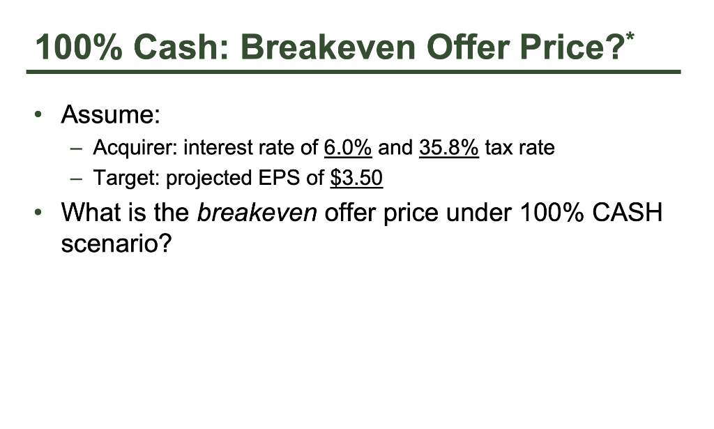 100% Cash: Breakeven Offer Price?*
Assume:
- Acquirer: interest rate of 6.0% and 35.8% tax rate
Target: projected EPS of $3.50
What is the breakeven offer price under 100% CASH
scenario?