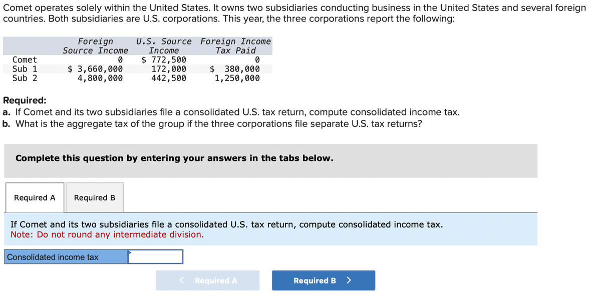 Comet operates solely within the United States. It owns two subsidiaries conducting business in the United States and several foreign
countries. Both subsidiaries are U.S. corporations. This year, the three corporations report the following:
Comet
Sub 1
Sub 2
Foreign
Source Income
0
$ 3,660,000
4,800,000
U.S. Source Foreign Income
Income
Tax Paid
0
$ 772,500
172,000
442,500
Required:
a. If Comet and its two subsidiaries file a consolidated U.S. tax return, compute consolidated income tax.
b. What is the aggregate tax of the group if the three corporations file separate U.S. tax returns?
Required A Required B
$ 380,000
1,250,000
Complete this question by entering your answers in the tabs below.
Consolidated income tax
If Comet and its two subsidiaries file a consolidated U.S. tax return, compute consolidated income tax.
Note: Do not round any intermediate division.
< Required A
Required B >