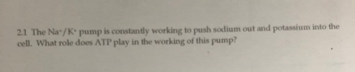 2.1 The Na"/K pump is constantly working to push sodium out and potassium into the
cell. What role does ATP play in the working of this pump?

