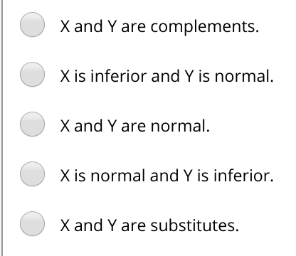X and Y are complements.
X is inferior and Y is normal.
X and Y are normal.
X is normal and Y is inferior.
X and Y are substitutes.
