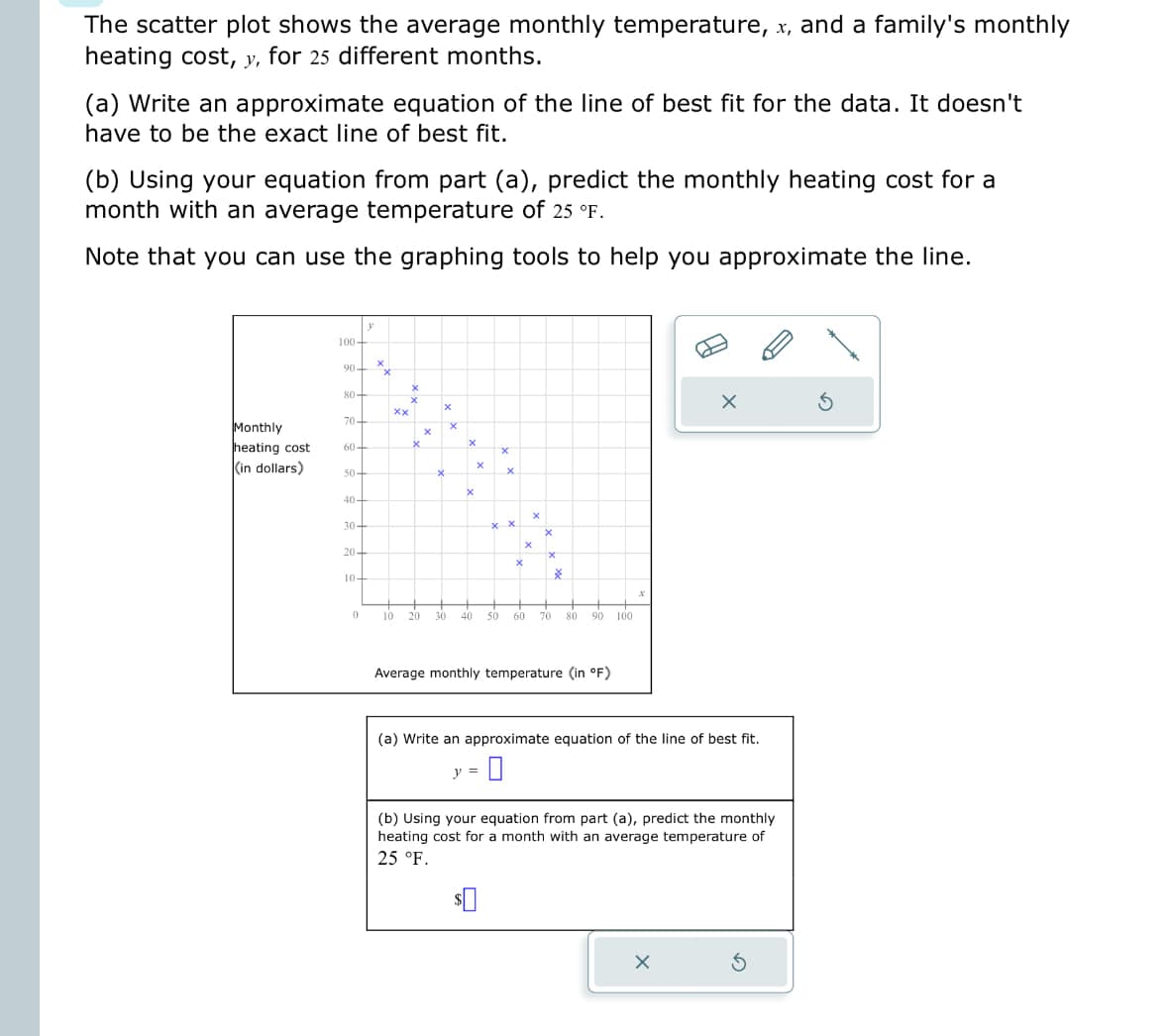 The scatter plot shows the average monthly temperature, x, and a family's monthly
heating cost, y, for 25 different months.
(a) Write an approximate equation of the line of best fit for the data. It doesn't
have to be the exact line of best fit.
(b) Using your equation from part (a), predict the monthly heating cost for a
month with an average temperature of 25 °F.
Note that you can use the graphing tools to help you approximate the line.
100-
y
90-
x
80-
×
×
xx
70-
Monthly
x
x
heating cost
60-
×
(in dollars)
50-
×
40-
30-
20-
10-
×
x
x
x
x
x
0
10 20 30
40
50
60
70 80 90 100
Average monthly temperature (in °F)
(a) Write an approximate equation of the line of best fit.
y =
(b) Using your equation from part (a), predict the monthly
heating cost for a month with an average temperature of
25 °F.
$ ☐
G