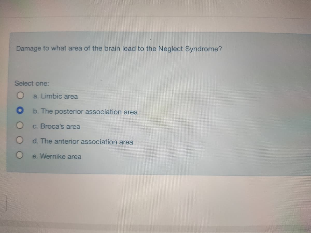 Damage to what area of the brain lead to the Neglect Syndrome?
Select one:
O
O
O
a. Limbic area
b. The posterior association area
c. Broca's area
d. The anterior association area
e. Wernike area