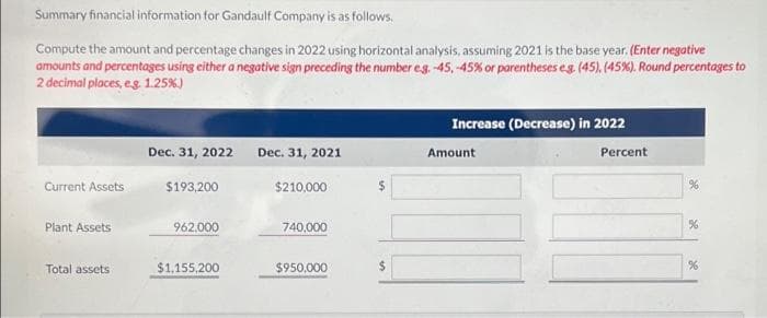 Summary financial information for Gandaulf Company is as follows.
Compute the amount and percentage changes in 2022 using horizontal analysis, assuming 2021 is the base year. (Enter negative
amounts and percentages using either a negative sign preceding the number eg. -45, -45% or parentheses eg (45), (45%). Round percentages to
2 decimal places, eg 1.25%)
Increase (Decrease) in 2022
Dec. 31, 2022
Dec. 31, 2021
Amount
Percent
Current Assets
$193,200
$210,000
%24
Plant Assets
962,000
740,000
Total assets
$1,155,200
$950,000
se
