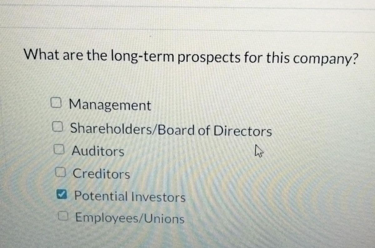 What are the long-term prospects for this company?
O Management
O Shareholders/Board of Directors
O Auditors
O Creditors
Potential Investors
O Employees/Unions
