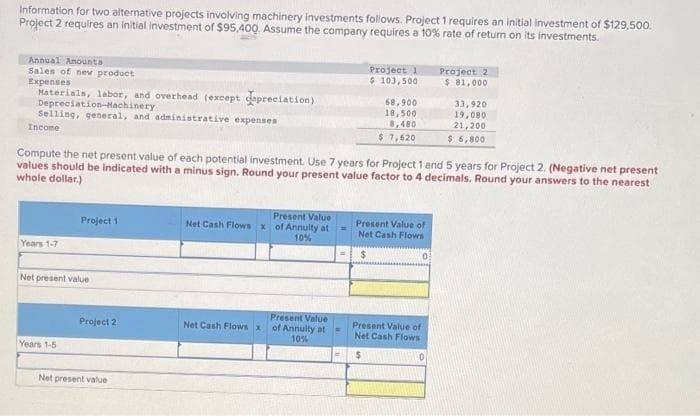 Information for two alternative projects involving machinery investments follows. Project 1 requires an initial investment of $129,500.
Project 2 requires an initial investment of $95,40Q. Assume the company requires a 10% rate of return on its investments.
Annual Anounts
Sales of new product
Expenses
Haterials, labor, and overhead (except dapreciation)
Depreciation-Machinery
Selling, general, and administrative expenses
Project 2
$ 81,000
Project 1
$ 103,500
68,900
18,500
,480
33,920
19,080
21,200
$ 6,800
Income
$7,620
Compute the net present value of each potential investment. Use 7 years for Project 1 and 5 years for Project 2. (Negative net present
values should be indicated with a minus sign. Round your present value factor to 4 decimals. Round your answers to the nearest
whole dollar.)
Present Value
Net Cash Flowsx of Annulty at
10%
Present Value of
Net Cash Flows
Project 1
Years 1-7
Net present value
Present Value
of Annulty at
10%
Project 2
Present Value of
Net Cash Flows
Net Cash Flowrs x
Years 1-5
Net present value
