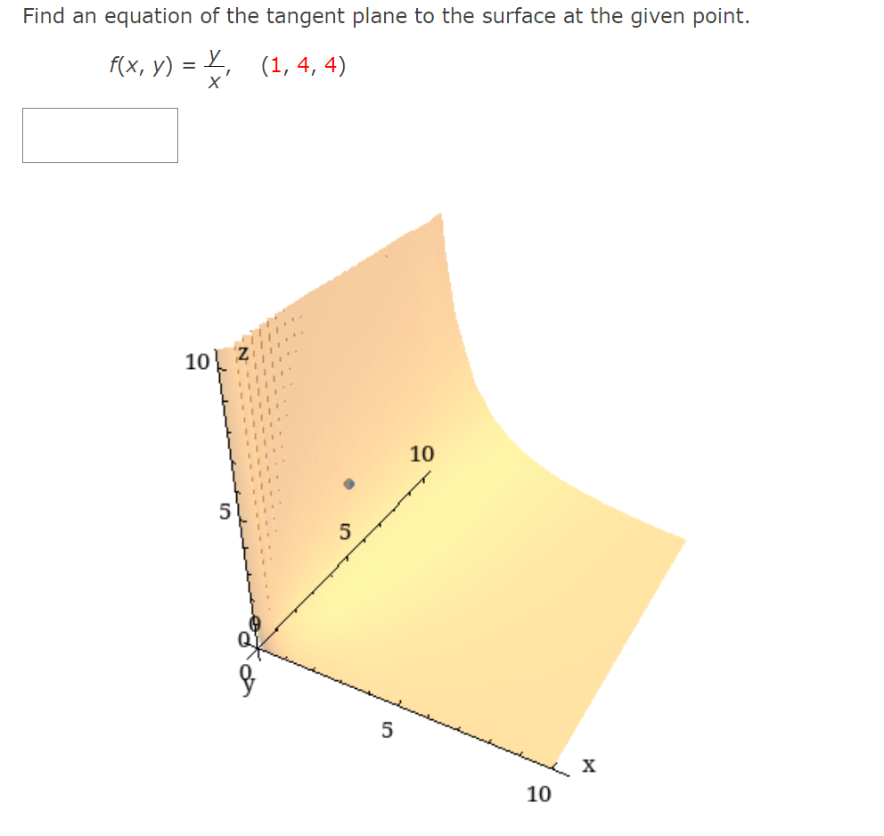 Find an equation of the tangent plane to the surface at the given point.
f(x, y) :
2, (1, 4, 4)
10 z
10
5
X
10
