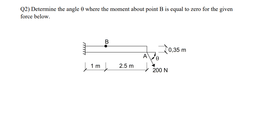 Q2) Determine the angle 0 where the moment about point B is equal to zero for the given
force below.
TTTTTT
B
|1m| 2.5 m
A
Ꮎ
200 N
0,35 m
