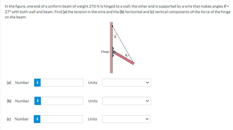 In the figure, one end of a uniform beam of weight 270 N is hinged to a wall; the other end is supported by a wire that makes angles e =
27° with both wall and beam. Find (a) the tension in the wire and the (b) horizontal and (c) vertical components of the force of the hinge
on the beam.
Hinge
(a) Number
Units
(b) Number
i
Units
(c) Number
Units
>
>
