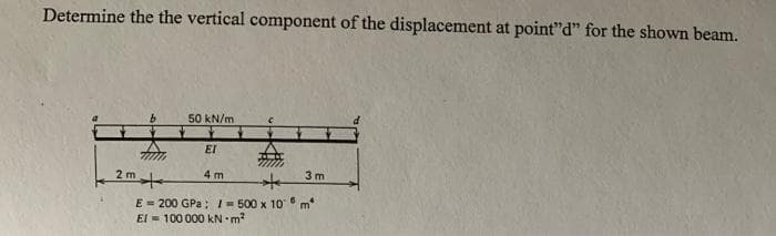 Determine the the vertical component of the displacement at point"d" for the shown beam.
2m
b
7
50 kN/m
ΕΓ
4m
3m
E = 200 GPa : 1 = 500 x 106 m²
El 100 000 kN m²