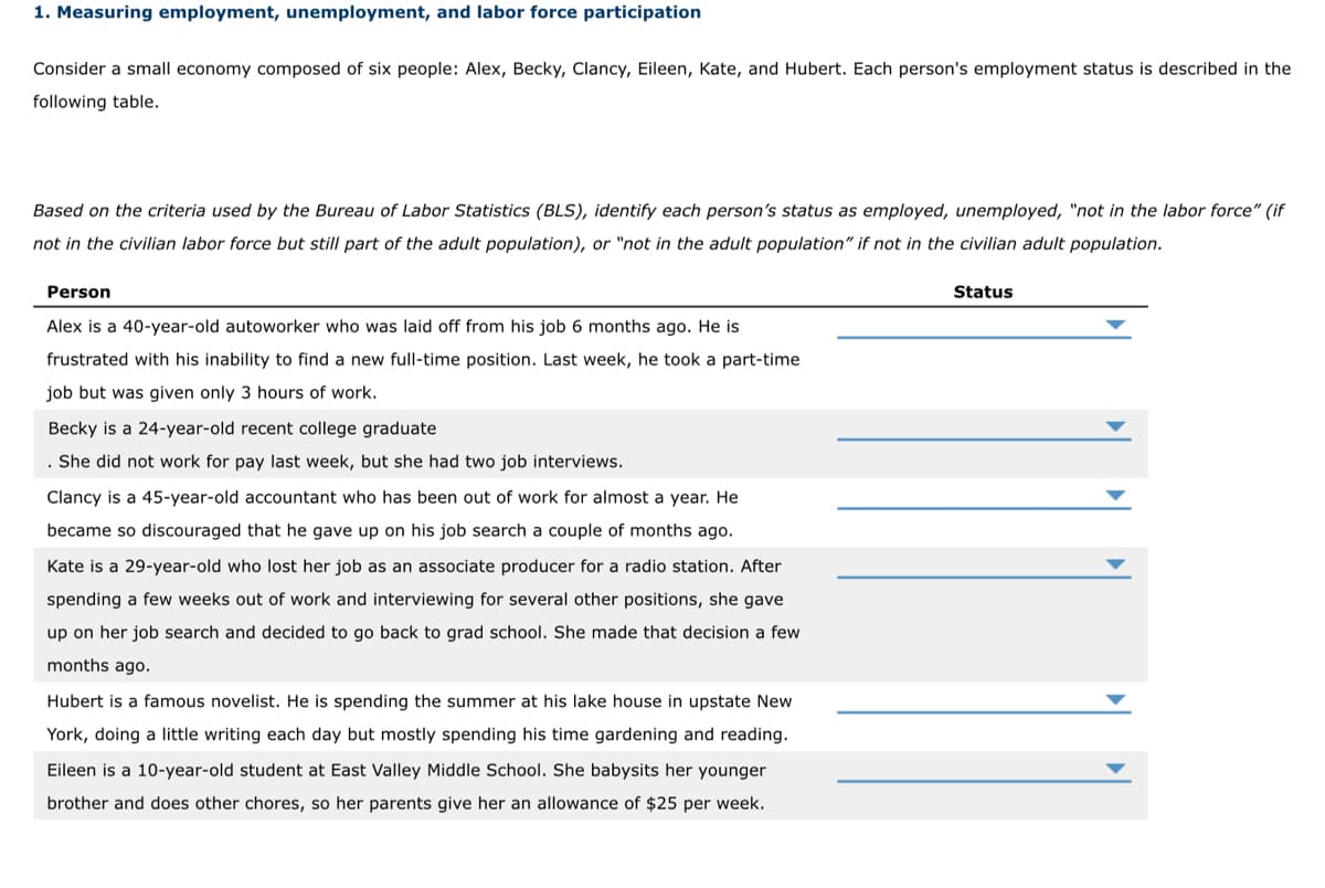 1. Measuring employment, unemployment, and labor force participation
Consider a small economy composed of six people: Alex, Becky, Clancy, Eileen, Kate, and Hubert. Each person's employment status is described in the
following table.
Based on the criteria used by the Bureau of Labor Statistics (BLS), identify each person's status as employed, unemployed, "not in the labor force" (if
not in the civilian labor force but still part of the adult population), or "not in the adult population" if not in the civilian adult population.
Person
Status
Alex is a 40-year-old autoworker who was laid off from his job 6 months ago. He is
frustrated with his inability to find a new full-time position. Last week, he took a part-time
job but was given only 3 hours of work.
Becky is a 24-year-old recent college graduate
. She did not work for pay last week, but she had two job interviews.
Clancy is a 45-year-old accountant who has been out of work for almost a year. He
became so discouraged that he gave up on his job search a couple of months ago.
Kate is a 29-year-old who lost her job as an associate producer for a radio station. After
spending a few weeks out of work and interviewing for several other positions, she gave
up on her job search and decided to go back to grad school. She made that decision a few
months ago.
Hubert is a famous novelist. He is spending the summer at his lake house in upstate New
York, doing a little writing each day but mostly spending his time gardening and reading.
Eileen is a 10-year-old student at East Valley Middle School. She babysits her younger
brother and does other chores, so her parents give her an allowance of $25 per week.
