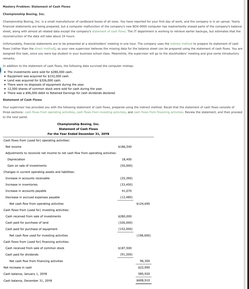 Mastery Problem: Statement of Cash Flows
Championship Boxing, Inc.
Championship Boxing, Inc. is a small manufacturer of cardboard boxes of all sizes. You have reported for your first day of work, and the company is in an uproar. Yearly
financial statements are being prepared, but a computer malfunction of the company's new BOX-9000 computer has inadvertently erased parts of the company's balance
sheet, along with almost all related data except the company's statement of cash flows. The IT department is working to retrieve earlier backups, but estimates that the
reconstruction of the data will take about 24 hours.
Unfortunately, financial statements are to be presented at a stockholders' meeting in one hour. The company uses the indirect method to prepare its statement of cash
flows (rather than the direct method), so your new supervisor believes the missing data for the balance sheet can be prepared using the statement of cash flows. You are
assigned this task, since you were top student in your business school class. Meanwhile, the supervisor will go to the stockholders' meeting and give some introductory
remarks.
In addition to the statement of cash flows, the following data survived the computer mishap:
• The investments were sold for $280,000 cash.
• Equipment was acquired for $152,000 cash.
• Land was acquired for $326,000 cash.
• There were no disposals of equipment during the year.
• 12,500 shares of common stock were sold for cash during the year.
• There was a $96,000 debit to Retained Earnings for cash dividends declared.
Statement of Cash Flows
Your supervisor has provided you with the following statement of cash flows, prepared using the indirect method. Recall that the statement of cash flows consists of
three sections: cash flows from operating activities, cash flows from investing activities, and cash flows from financing activities. Review the statement, and then proceed
to the next panel.
Championship Boxing, Inc.
Statement of Cash Flows
For the Year Ended December 31, 20Y8
Cash flows from (used for) operating activities:
Net income
$186,540
Adjustments to reconcile net income to net cash flow from operating activities:
Depreciation
18,400
Gain on sale of investments
(50,000)
Changes in current operating assets and liabilities:
Increase in accounts receivable
(25,390)
Increase in inventories
(33,450)
Increase in accounts payable
41,070
Decrease in accrued expenses payable
(12,480)
Net cash flow from operating activities
$124,690
Cash flows from (used for) investing activities:
Cash received from sale of investments
$280,000
Cash paid for purchase of land
(326,000)
Cash paid for purchase of equipment
(152,000)
Net cash flow used for investing activities
(198,000)
Cash flows from (used for) financing activities:
Cash received from sale of common stock
$187,500
Cash paid for dividends
(91,200)
Net cash flow from financing activities
96,300
Net increase in cash
$22,990
Cash balance, January 1, 20Y8
585,920
Cash balance, December 31, 20Y8
$608,910
