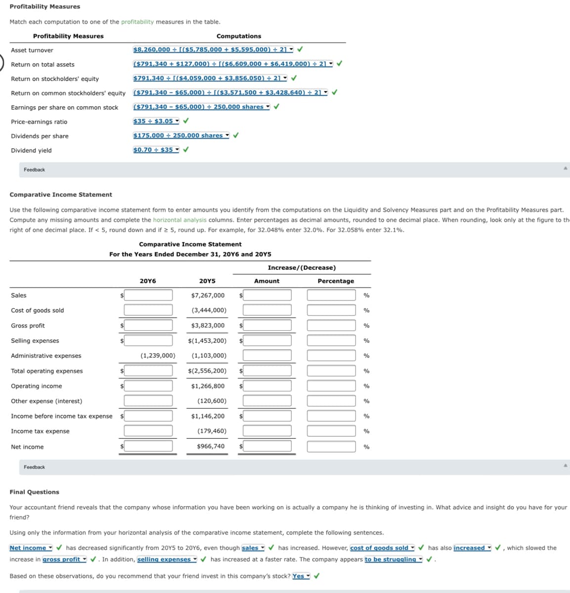 Profitability Measures
Match each computation to one of the profitability measures in the table.
Profitability Measures
Computations
Asset turnover
$8,260,000 ÷[($5,785,000 + $5,595,000) ÷ 21 ►
Return on total assets
($791,340 + $127,000) ÷ [($6,609,000 + $6,419,000) ÷ 2] ►
Return on stockholders' equity
$791,340 + [($4,059,000 + $3,856,050) ÷ 21- V
Return on common stockholders' equity ($791,340 - $65,000) ÷ [($3,571,500 + $3,428,640) ÷ 21 ▼
Earnings per share on common stock
($791,340 - $65,000) ÷ 250,000 shares V
Price-earnings ratio
$35 + $3.05 -
Dividends per share
$175,000 ÷ 250,000 shares
Dividend yield
$0.70 + $35
Feedback
Comparative Income Statement
Use the following comparative income statement form to enter amounts you identify from the computations on the Liquidity and Solvency Measures part and on the Profitability Measures part.
Compute any missing amounts and complete the horizontal analysis columns. Enter percentages as decimal amounts, rounded to one decimal place. When rounding, look only at the figure to the
right of one decimal place. If < 5, round down and if 2 5, round up. For example, for 32.048% enter 32.0%. For 32.058% enter 32.1%.
Comparative Income Statement
For the Years Ended December 31, 20Y6 and 20Y5
Increase/(Decrease)
20Y6
20Y5
Amount
Percentage
Sales
$7,267,000
%
Cost of goods sold
(3,444,000)
%
Gross profit
$3,823,000
$
%
Selling expenses
$(1,453,200)
$
%
Administrative expenses
(1,239,000)
(1,103,000)
%
Total operating expenses
$(2,556,200)
Operating income
$1,266,800
%
Other expense (interest)
(120,600)
%
Income before income tax expense
$1,146,200
%
Income tax expense
(179,460)
%
Net income
$966,740
%
Feedback
Final Questions
Your accountant friend reveals that the company whose information you have been working on is actually a company he is thinking of investing in. What advice and insight do you have for your
friend?
Using only the information from your horizontal analysis of the comparative income statement, complete the following sentences.
Net income v has decreased significantly from 20Y5 to 20Y6, even though sales has increased. However, cost of goods sold V has also increased V, which slowed the
increase in gross profit - . In addition, selling expenses - v has increased at a faster rate. The company appears to be struggling .
Based on these observations, do you recommend that your friend invest in this company's stock? Yes V
