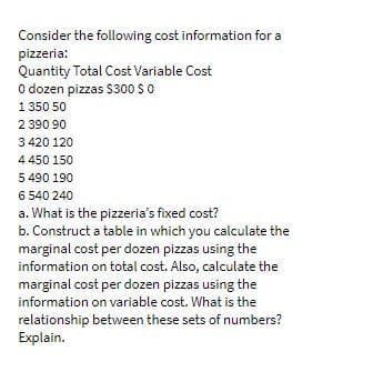 Consider the following cost information for a
pizzeria:
Quantity Total Cost Variable Cost
0 dozen pizzas $300 $ 0
1350 50
2 390 90
3 420 120
4 450 150
5 490 190
6 540 240
a. What is the pizzeria's fixed cost?
b. Construct a table in which you calculate the
marginal cost per dozen pizzas using the
information on total cost. Also, calculate the
marginal cost per dozen pizzas using the
information on variable cost. What is the
relationship between these sets of numbers?
Explain.