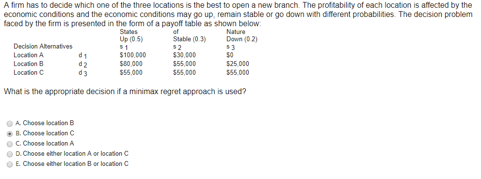 A firm has to decide which one of the three locations is the best to open a new branch. The profitability of each location is affected by the
economic conditions and the economic conditions may go up, remain stable or go down with different probabilities. The decision problem
faced by the firm is presented in the form of a payoff table as shown below:
of
Stable (0.3)
$2
$30,000
$55,000
$55,000
Decision Alternatives
Location A
Location B
Location C
d 1
d2
d3
States
Up (0.5)
$ 1
$100,000
$80,000
$55,000
Nature
Down (0.2)
$ 3
$0
O A. Choose location B
B. Choose location C
C. Choose location A
O D. Choose either location A or location C
O E. Choose either location B or location C
$25,000
$55,000
What is the appropriate decision if a minimax regret approach is used?