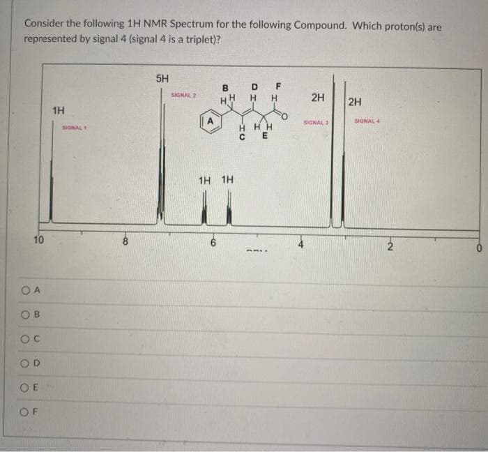 Consider the following 1H NMR Spectrum for the following Compound. Which proton(s) are
represented by signal 4 (signal 4 is a triplet)?
10
OA
OB
OC
OD
OE
OF
1H
SIONAL
-8
5H
SIGNAL 2
B
HH
1H 1H
D F
HH
HHH
CE
2H
SIGNAL 3
2H
SIGNAL 4
2