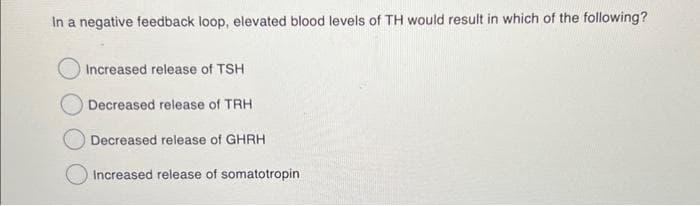 In a negative feedback loop, elevated blood levels of TH would result in which of the following?
Increased release of TSH
Decreased release of TRH
Decreased release of GHRH
Increased release of somatotropin