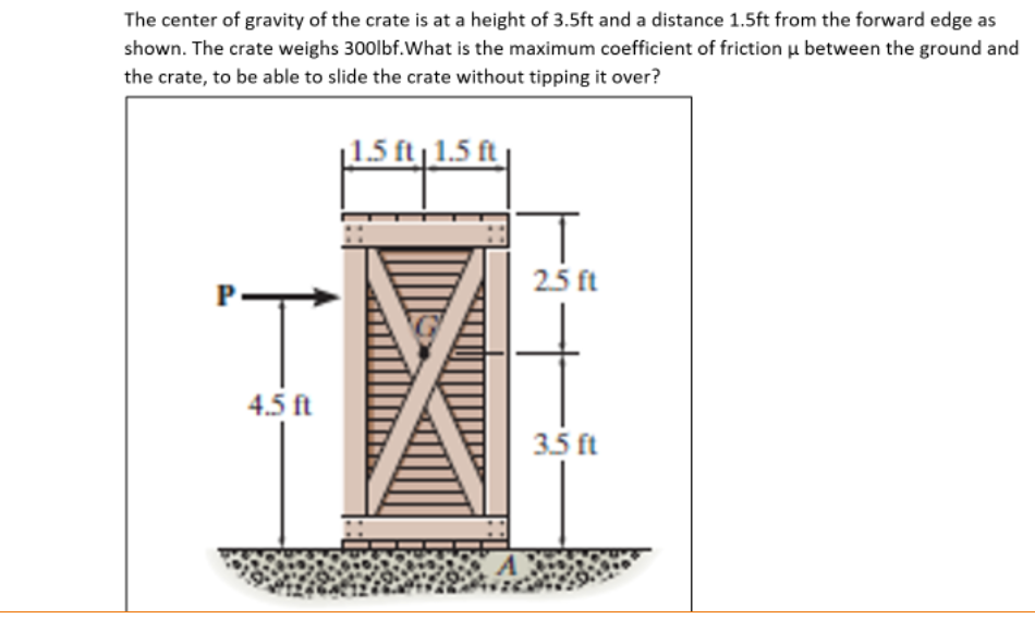 The center of gravity of the crate is at a height of 3.5ft and a distance 1.5ft from the forward edge as
shown. The crate weighs 300lbf. What is the maximum coefficient of friction u between the ground and
the crate, to be able to slide the crate without tipping it over?
1.5 ft ₁1.5 ft
2.5 ft
P-
'T
4.5 ft
3.5 ft