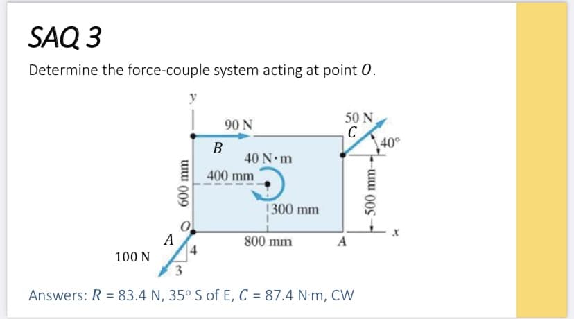 SAQ 3
Determine the force-couple system acting at point 0.
y
50 N
90 N
C
40°
B
40 N m
400 mm
1300 mm
A
4
800 mm
A
100 N
3
Answers: R = 83.4 N, 35° S of E, C = 87.4 N m, CW
Ww 009
500 mm-
