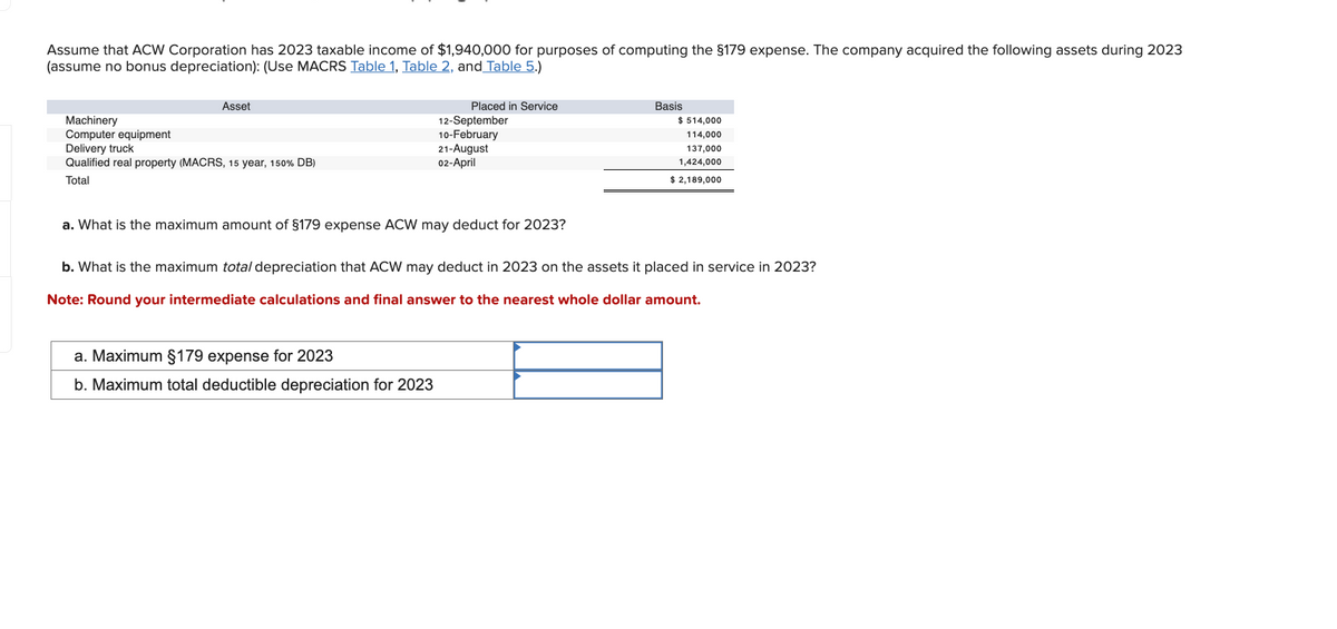 Assume that ACW Corporation has 2023 taxable income of $1,940,000 for purposes of computing the §179 expense. The company acquired the following assets during 2023
(assume no bonus depreciation): (Use MACRS Table 1, Table 2, and Table 5.)
Asset
Machinery
Computer equipment
Delivery truck
Qualified real property (MACRS, 15 year, 150% DB)
Total
Placed in Service
12-September
10-February
21-August
02-April
a. What is the maximum amount of §179 expense ACW may deduct for 2023?
a. Maximum §179 expense for 2023
b. Maximum total deductible depreciation for 2023
Basis
$ 514,000
114,000
137,000
1,424,000
$ 2,189,000
b. What is the maximum total depreciation that ACW may deduct in 2023 on the assets it placed in service in 2023?
Note: Round your intermediate calculations and final answer to the nearest whole dollar amount.