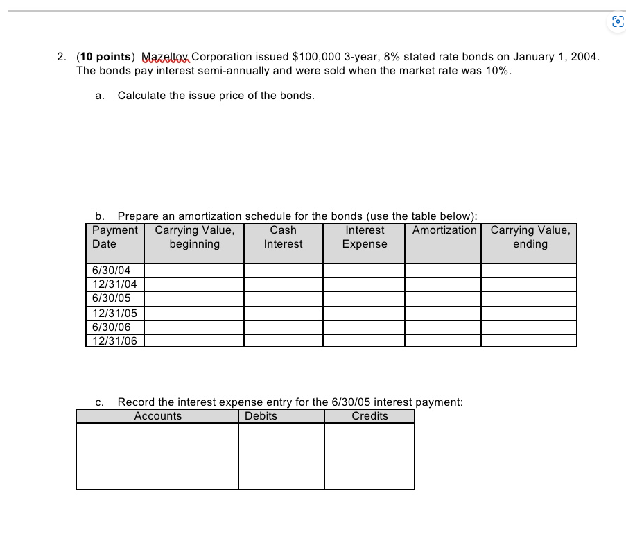 2. (10 points) Mazeltox Corporation issued $100,000 3-year, 8% stated rate bonds on January 1, 2004.
The bonds pay interest semi-annually and were sold when the market rate was 10%.
a. Calculate the issue price of the bonds.
b. Prepare an amortization schedule for the bonds (use the table below):
Payment Carrying Value,
Amortization
Date
beginning
6/30/04
12/31/04
6/30/05
12/31/05
6/30/06
12/31/06
C.
Cash
Interest
Interest
Expense
Record the interest expense entry for the 6/30/05 interest payment:
Accounts
Debits
Credits
Carrying Value,
ending