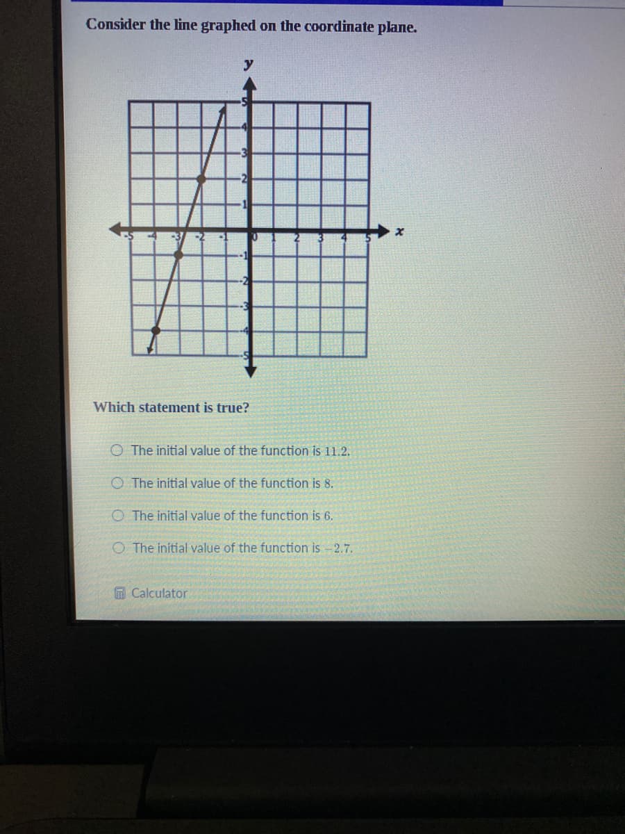Consider the line graphed on the coordinate plane.
y
Which statement is true?
O The initial value of the function is 11.2.
O The initial value of the function is 8.
O The initial value of the function is 6.
O The initial value of the function is -2.7.
O Calculator

