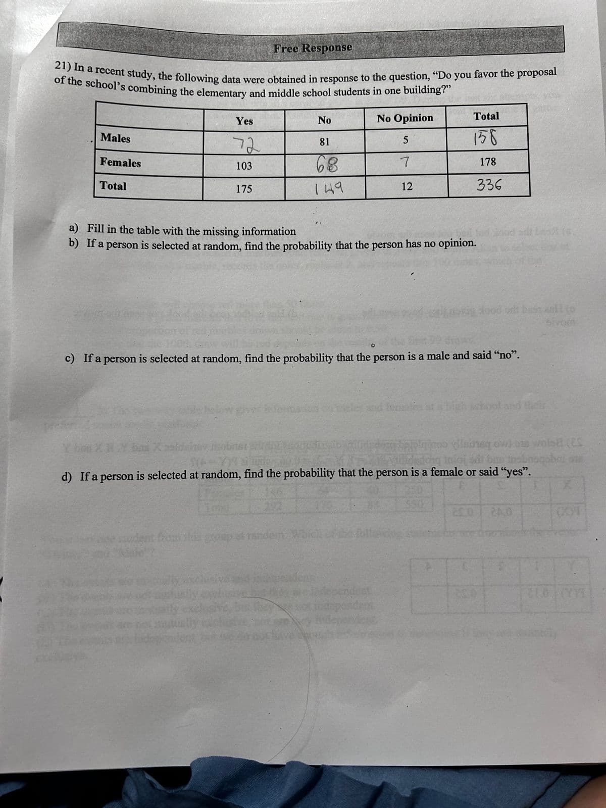 Free Response
21) In a recent study, the following data were obtained in response to the question, "Do you favor the proposal
of the school's combining the elementary and middle school students in one building?"
No Opinion
5
Total
158
Yes
No
Males
72
81
Females
103
68
7
178
Total
175
149
12
336
a) Fill in the table with the missing information
b) If a person is selected at random, find the probability that the person has no opinion.
ย
stood at best to
c) If a person is selected at random, find the probability that the person is a male and said "no".
Y han
school and their
Sivo
sineq owl as wols (ES
d) If a person is selected at random, find the probability that the person is a female or said "yes".
udent from this group
550
24.0
21.0