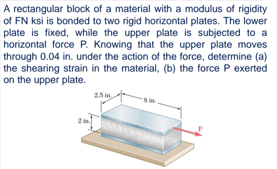 A rectangular block of a material with a modulus of rigidity
of FN ksi is bonded to two rigid horizontal plates. The lower
plate is fixed, while the upper plate is subjected to a
horizontal force P. Knowing that the upper plate moves
through 0.04 in. under the action of the force, determine (a)
the shearing strain in the material, (b) the force P exerted
on the upper plate.
2.5 in.
8 in.
2 in.
