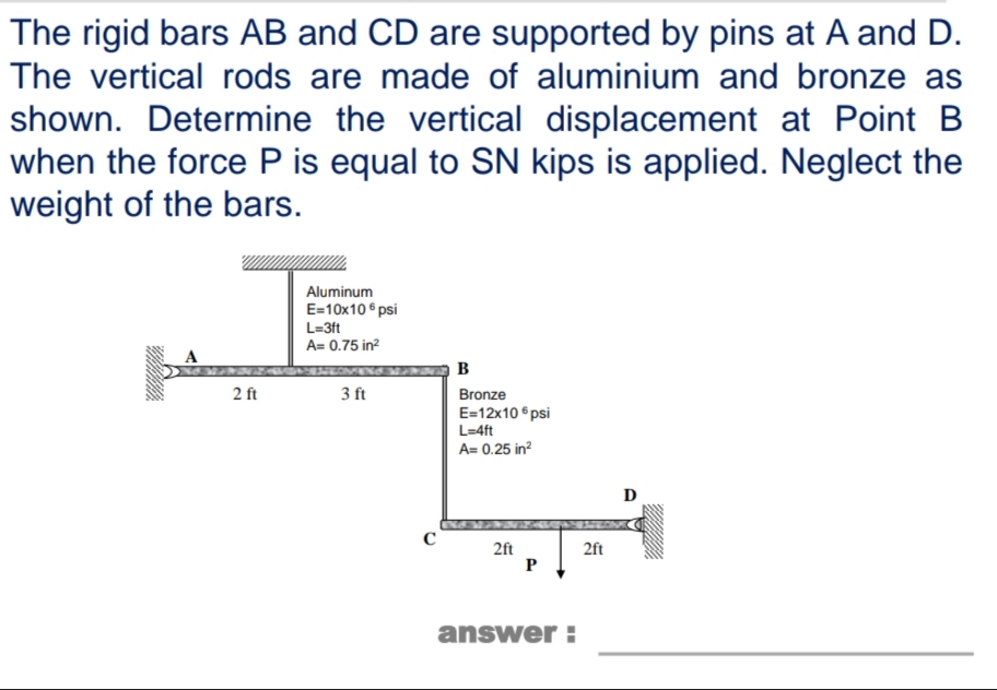 The rigid bars AB and CD are supported by pins at A and D.
The vertical rods are made of aluminium and bronze as
shown. Determine the vertical displacement at Point B
when the force P is equal to SN kips is applied. Neglect the
weight of the bars.
Aluminum
E=10x10 ° psi
L=3ft
A= 0.75 in?
B
2 ft
3 ft
Bronze
E=12x10 ° psi
L=4ft
A= 0.25 in?
D
2ft
P
2ft
answer :
