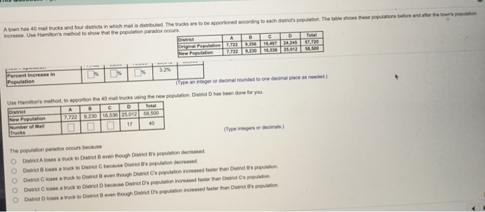 A lown has 40 mail trucks and four districts in which mail is distributed. The trucks are to be apportioned according to each districfs population. The table shows these populations before and after the town's population
increase. Use Hamilton's method to show that the population paradox occurs.
Distriet
Original Population 7,722
New Population
Total
16.497 24,24S 57,720
14.536 25.012
9.356
7,722 20
5.500
3.2%
Percent Increase in
Population
(Type an integer or decimal rounded to one decimal place as needed)
