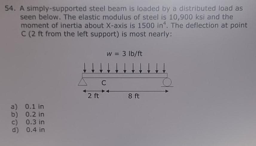 54. A simply-supported steel beam is loaded by a distributed load as
seen below. The elastic modulus of steel is 10,900 ksi and the
moment of inertia about X-axis is 1500 in4. The deflection at point
C (2 ft from the left support) is most nearly:
w = 3 lb/ft
a) 0.1 in
b) 0.2 in
c)
0.3 in
d)
0.4 in
2 ft
C
8 ft