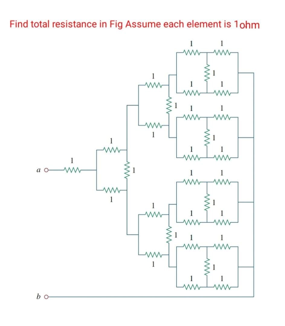 Find total resistance in Fig Assume each element is 1ohm
a
bo
1
www
1
1
ww I'm
1
1
1
www I
1
1
1
1
LuwLww