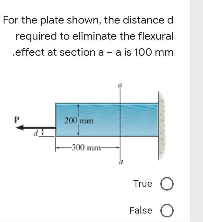 For the plate shown, the distance d
required to eliminate the flexural
.effect at section a - a is 100 mm
200 mm
d
True O
False O
-300 mm-
a