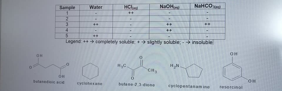 HClag).
NaOH(ag)
NaHCO 3(aq)
Sample
1
2
Water
++
++
++
++
4.
++
++
Legend: ++ > completely soluble; + → slightly soluble; - → insoluble
OH
OH
H3C.
H,N
CH3
он
butanedioic acid
OH
cyclohexane
butane-2,3-dione
cyclopentanam ine
resorcinol
