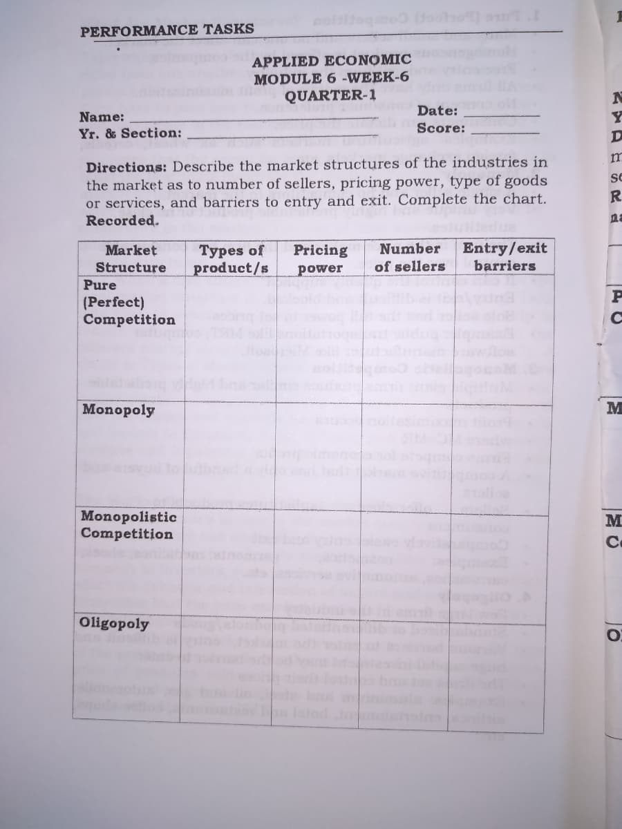 PERFORMANCE TASKS
APPLIED ECONOMIC
MODULE 6 -WEEK-6
QUARTER-1
Date:
Name:
Score:
Yr. & Section:
Directions: Describe the market structures of the industries in
the market as to number of sellers, pricing power, type of goods
or services, and barriers to entry and exit. Complete the chart.
Recorded.
Se
na
Турes of
product/s
Entry/exit
barriers
Market
Pricing
Number
Structure
power
of sellers
Pure
(Perfect)
Competition
qua
Monopoly
M
Monopolistic
Competition
M
Ce
Oligopoly
b io
mini
