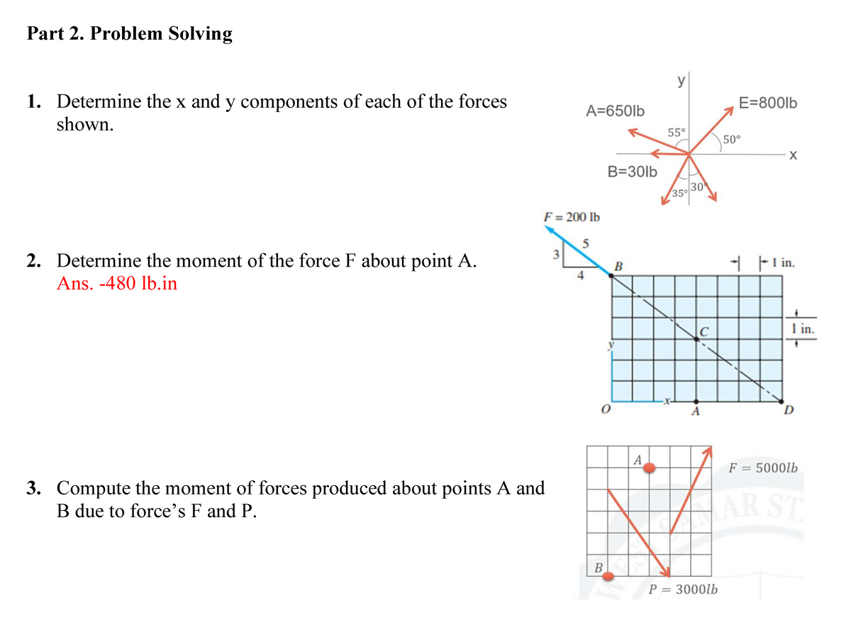 Part 2. Problem Solving
1. Determine the x and y components of each of the forces
shown.
2. Determine the moment of the force F about point A.
Ans. -480 lb.in
F = 200 lb
3. Compute the moment of forces produced about points A and
B due to force's F and P.
3
A=650lb
5
4
B=30lb
O
B
B
A
55°
35°
30
с
A
E=800lb
P = 3000lb
50⁰
X
1in.
1 in.
D
F = 5000lb
HAR ST