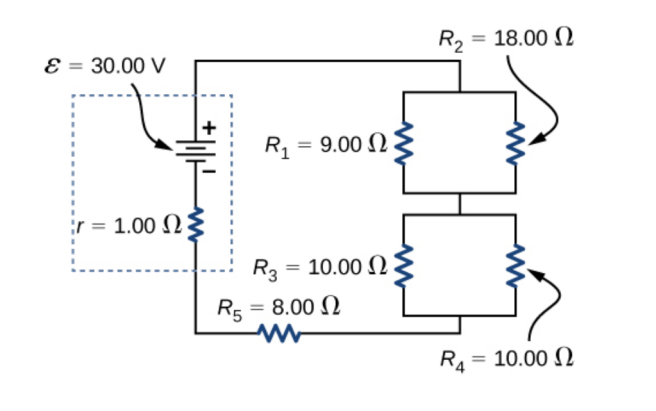 & = 30.00 V
r = 1.00 Ω Σ
R1 = 9.00 Ω
Rg = 10.00 Ω
R3
Rg = 8.00 Ω
R5
R2 = 18.00 Ω
R = 10.00 Ω