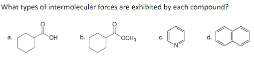 What types of intermolecular forces are exhibited by each compound?
rd
OH
b.
OCH3
9
d.