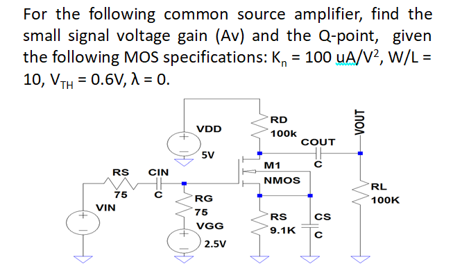 For the following common source amplifier, find the
small signal voltage gain (Av) and the Q-point, given
the following MOS specifications: K, = 100 uA/V?, W/L =
10, VTH 3D 0.6V, Л%3D 0.
%3D
RD
VDD
100k
COUT
5V
M1
RS
CIN
NMOS
RL
75
RG
100K
VIN
75
RS
cs
VGG
9.1K
2.5V
VOUT
