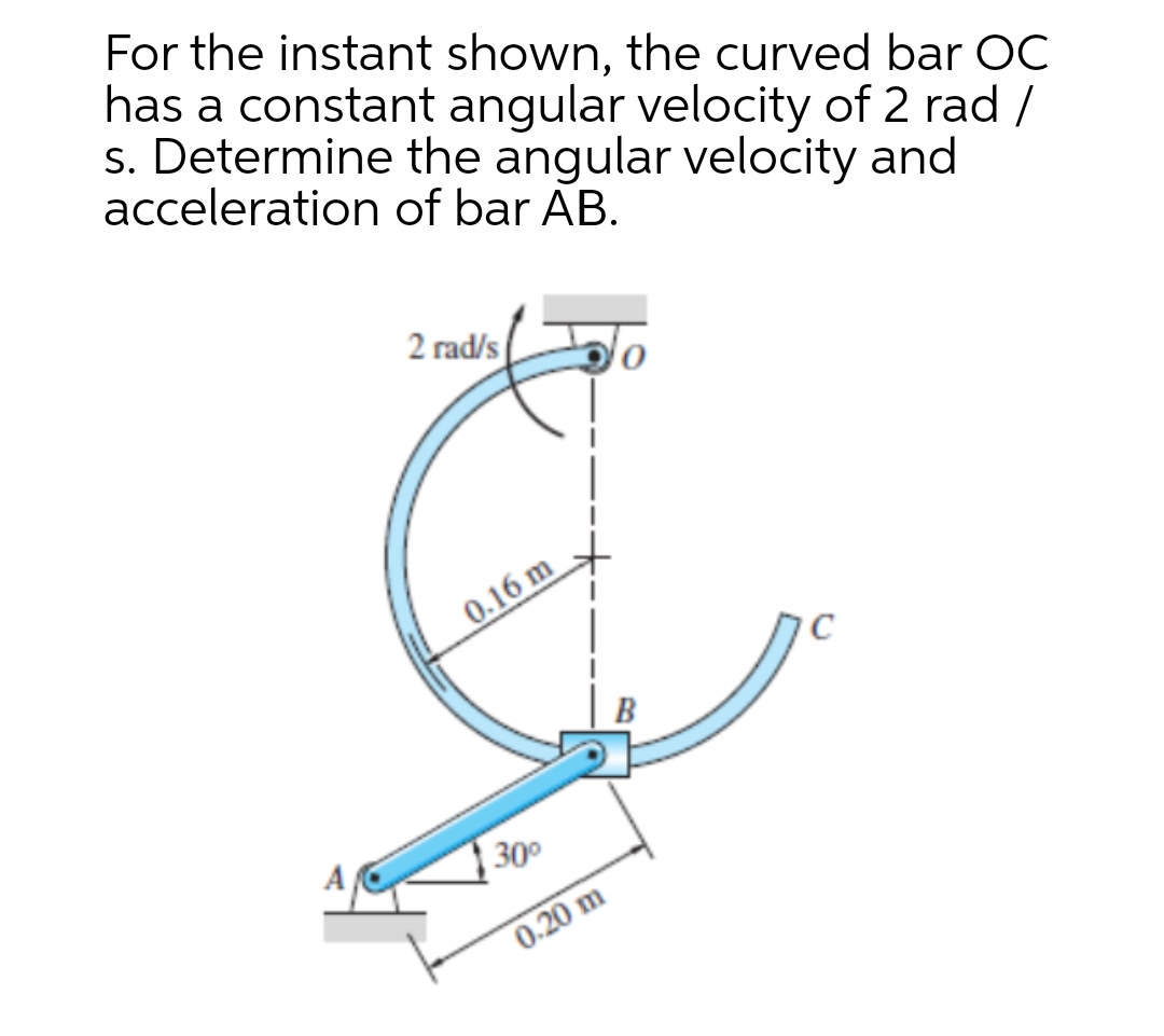 For the instant shown, the curved bar OC
has a constant angular velocity of 2 rad /
s. Determine the angular velocity and
acceleration of bar AB.
2 rad/s
0.16 m
B
A
0.20 m
