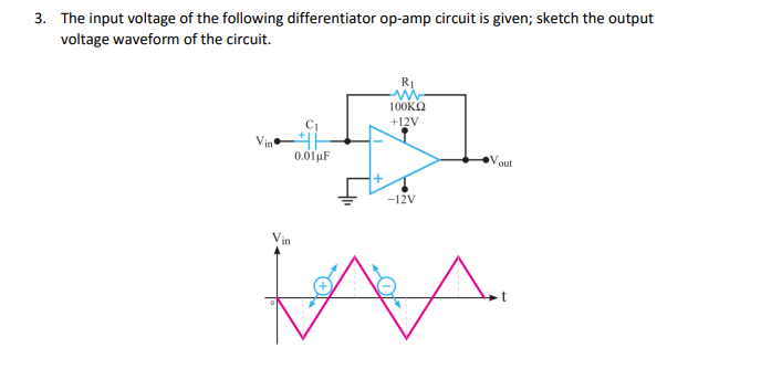 3. The input voltage of the following differentiator op-amp circuit is given; sketch the output
voltage waveform of the circuit.
Vin
0.01 μF
R₁
M
100KQ2
+12V
-12V
M
out