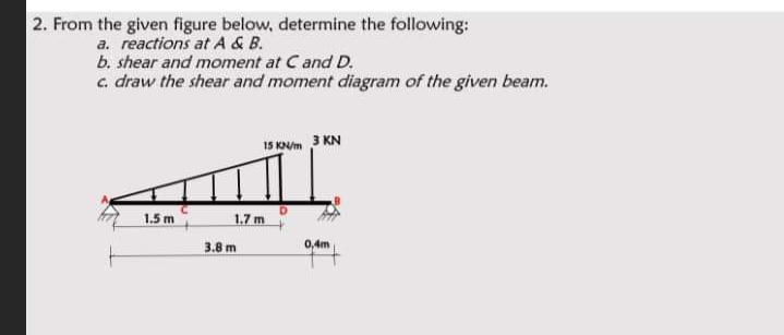 2. From the given figure below, determine the following:
a. reactions at A & B.
b. shear and moment at C and D.
c. draw the shear and moment diagram of the given beam.
15 KNm 3 KN
1.5 m
1.7 m
3.8 m
0,4m

